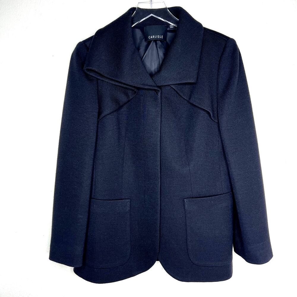 Carlisle Wool Blend Blazer Jacket Black Button Oversized Collar 10 Pockets